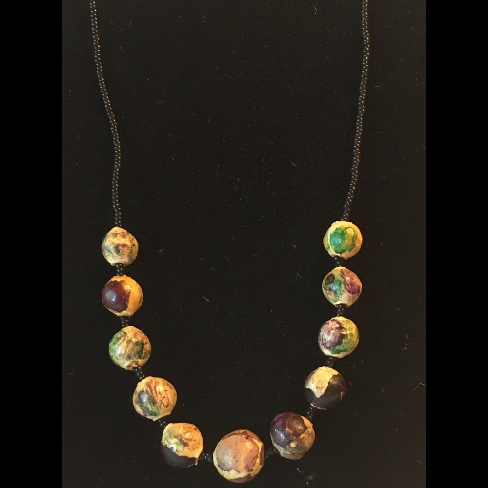 Hand Painted and black beaded necklace
